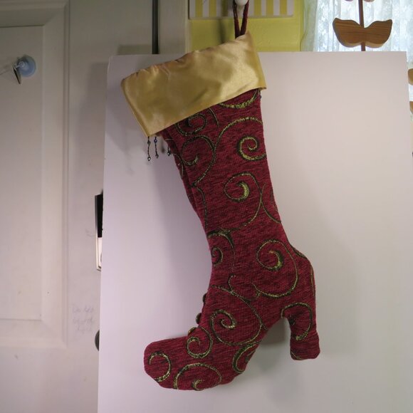 Red Tapestry Vintage Victorian High Heel boot stocking Holiday 20" long - Picture 2 of 10
